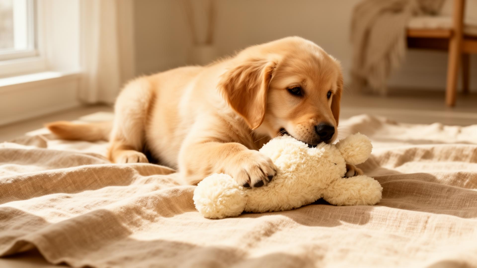 Golden retriever puppy gently chewing a soft cream plush toy on a linen blanket in warm afternoon light