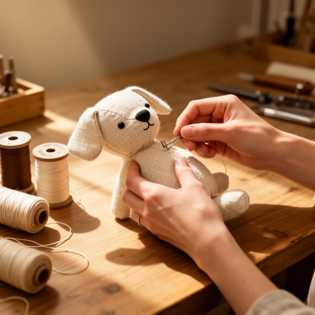 Hands sewing a small linen plush dog by hand at a sunlit wooden workbench